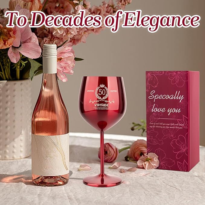 50th Birthday Gifts Wine Glass for Her Women, Stainless Steel Metal Unbreakable Decoration Glasses Red Cup 17oz with Vintage Print-Unique 50 Year Old Present for Mom Wife Sister Friend