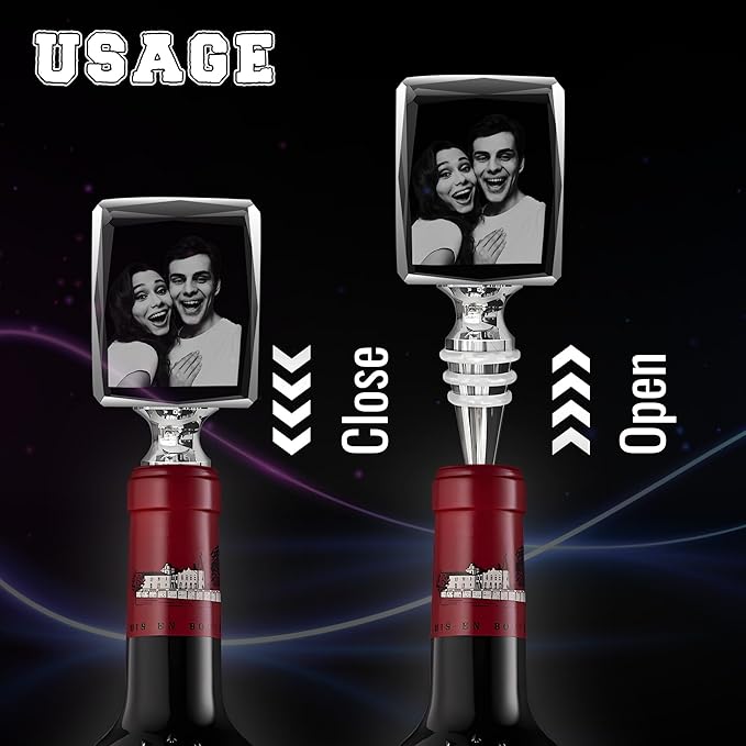 3D Personalized Crystal Wine Stopper, 3D Crystal Picture Engraved, Custom with Your Own Personal Logo, Text and Image, Gift for Father Dad, Anniversary Birthday Wedding Family Gifts (Rectangular)