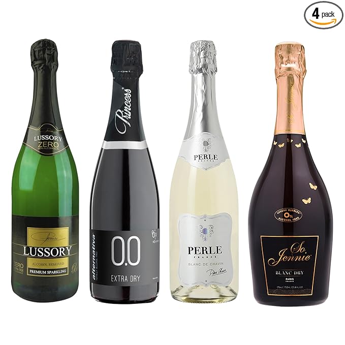Non-Alcoholic Sparkling Wine Sampler – 4 Bottles (25.4 Fl Oz Each) – Lussory Brut, Princess Bollicine Bianco, Perle Blanc, So Jennie Paris (France, Italy, Spain)