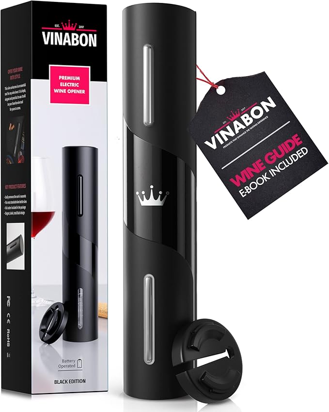 VINABON Battery-Operated Wine Opener - Updated 2026 Electric Wine Bottle Opener with Wine Foil Cutter - One-Click Reusable Automatic Electronic Wine Opener Corkscrew. Includes WineGuide Ebook