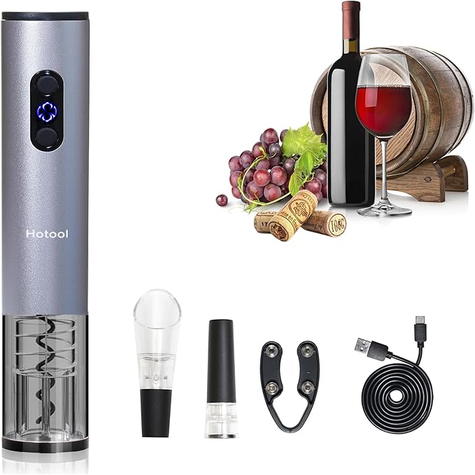 Electric Wine Bottle Opener Automatic Wine Opener Rechargeable Electric Corkscrew with Wine Aerator,Foil Cutter,Wine Stopper,USB-C Charge Cable, Perfect Dad Gifts(Silver)