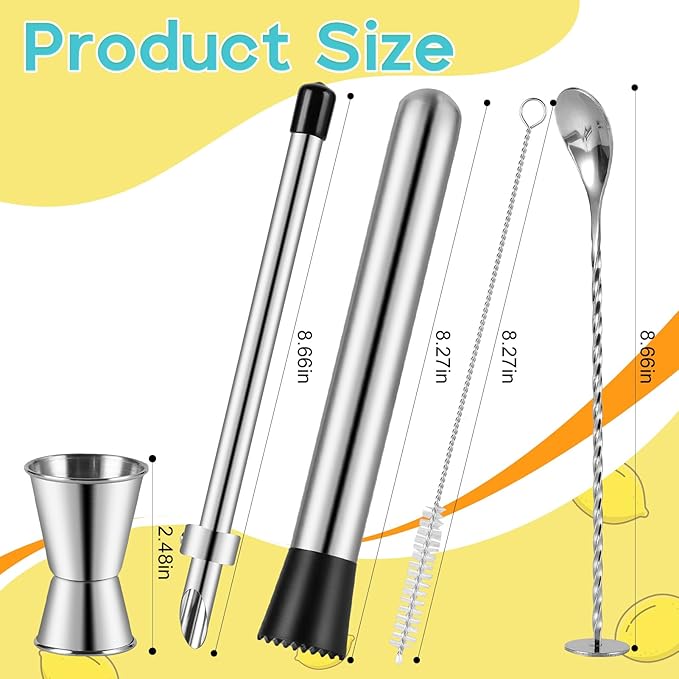 ZPUFAW 5Pcs Set Straw Puncher for Lemonade Plastic Lids Cups with Muddler, Bar Spoon, Jigger, 304 Stainless Steel Straw Hole Puncher