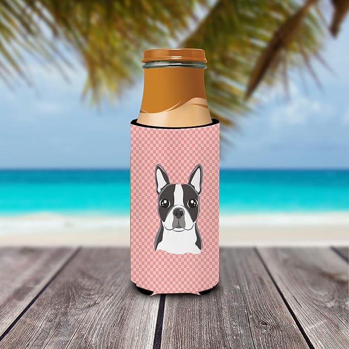 Checkerboard Pink Boston Terrier Ultra Beverage Insulators for slim cans BB1203MUK