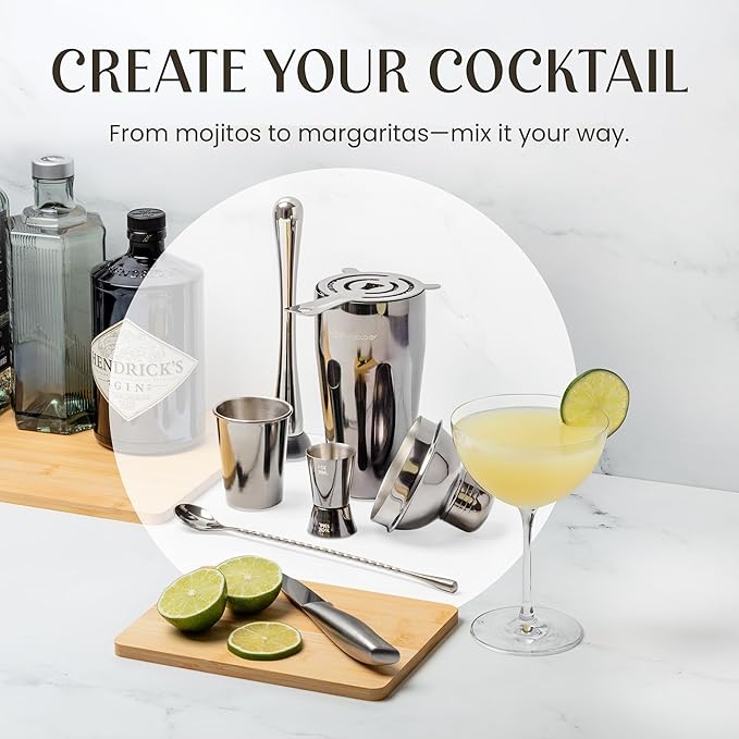 Modern Mixology Pro-Graded Cocktail Shaker Set with Stand | Complete Bartender Kit | 24oz Martini Shaker, Jigger, Strainer, Bar Spoon, Tongs, Opener, Muddler, Home Bar Essentials