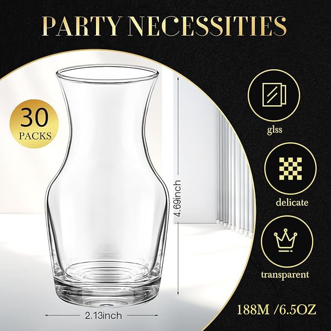 Remagr 30 Pack Single Serving Wine Carafe Glass Small Mini Carafe Individual Wine Refill Decanter for Dinner Parties Tastings Bars Restaurants (6.5 oz)