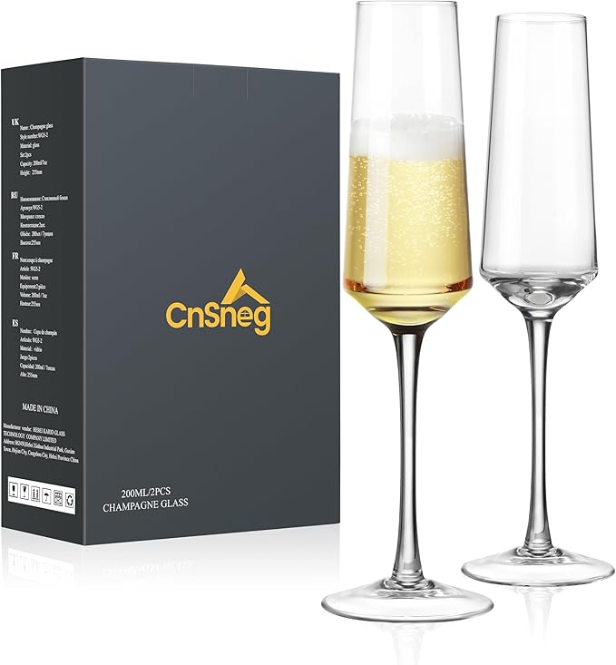 Crystal Champagne Flutes Glass Set of 2, Hand Blown Champagne Glasses 7OZ with Long Stem, Premium Elegant Flutes for Prosecco, Sparkling Wine, Mimosas, Wedding, Christmas