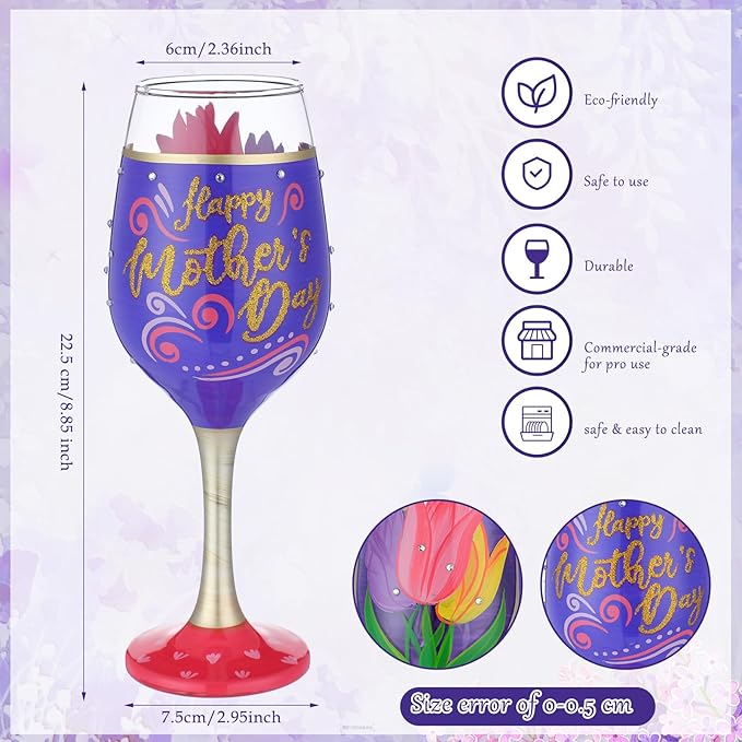 SiliFine 4 Pcs Mother's Day Stemmed Wine Glasses Hand Painted Tulip Flower Drinking Cup Wine Glasses Gifts for Birthday Theme Holiday Party Supplies