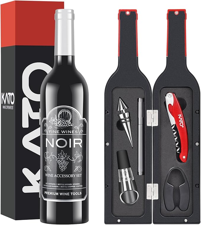 Kato Wine Bottle Accessories Set - Red Wine Corkscrew Opener Kit, Stopper, Aerator Pourer, Foil Cutter, Glass Paint Marker, with Free Drink Stickers, Great Mother's Day Gifts, Grey