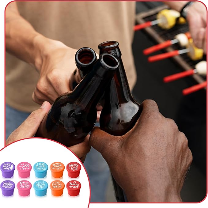 10Pcs Wine Stoppers Set Funny Live Love Wine Pattern Silicone Bottle Covers Gift for Women, Reusable Beverage Corks Strong Sealing Liquor Accessories for Outdoor Picnic Barbecues Party Bars