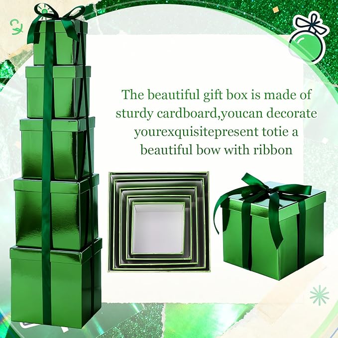 Cholemy 5 Pcs Square Nesting Boxes Decorative Gift Boxes with Lid and Ribbon Assorted Sizes Wrap for Wedding, Carnival, Anniversary, Birthday, Bridal Shower Party Gifts(Laser Green)