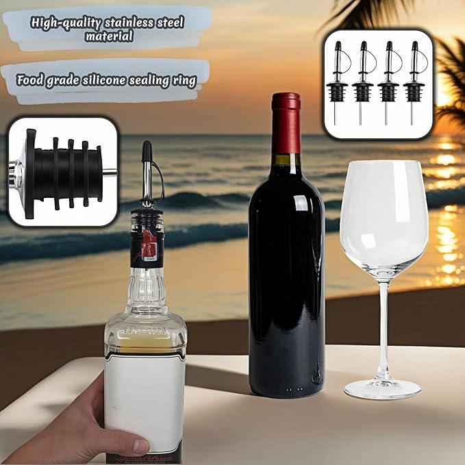 4PCS Premium Wine and Oil Pourer Set, 304 Stainless Steel Pour Spouts for Liquor & Oil - Reusable, Dishwasher Safe, Precision Flow Control, Leak-Proof Seal, Fit Most Wine & Whiskey Bottles (L (Hat 3))