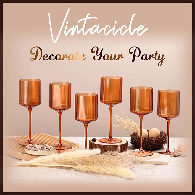 Halloween Decorations Maple Colored Square Wine Glasses Set of 6-11.5oz, Elegant Ribbed Design Amber Crystal Glassware with Long Stem, Hand Blown Stemware For Halloween, Thanksgiving