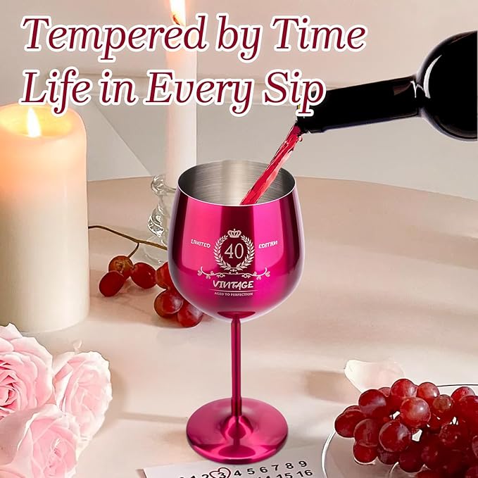 40th Birthday Gifts Wine Glass for Her Women, Stainless Steel Metal Unbreakable Decoration Glasses Rose Red Cup 17oz with Vintage Print-Unique 40 Year Old Present for Mom Wife Sister Friend