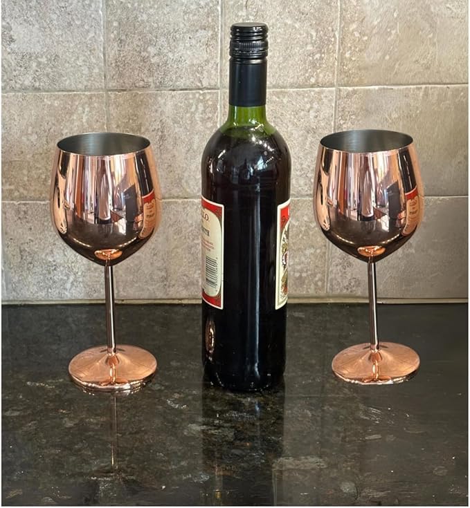 K&K Home Rose Gold Stainless Steel Unbreakable Wine Glasses - 18 oz - Set of 2 Colored, Stemmed Metal Wine Glasses Perfect for Outdoors, Weddings, and Parties (Rose Gold, Set of 2)