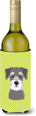 Caroline's Treasures BB1268LITERK Checkerboard Lime Green Schnauzer Wine Bottle Hugger Bottle Cooler Sleeve Hugger Machine Washable Collapsible Insulator Beverage Insulated Holder