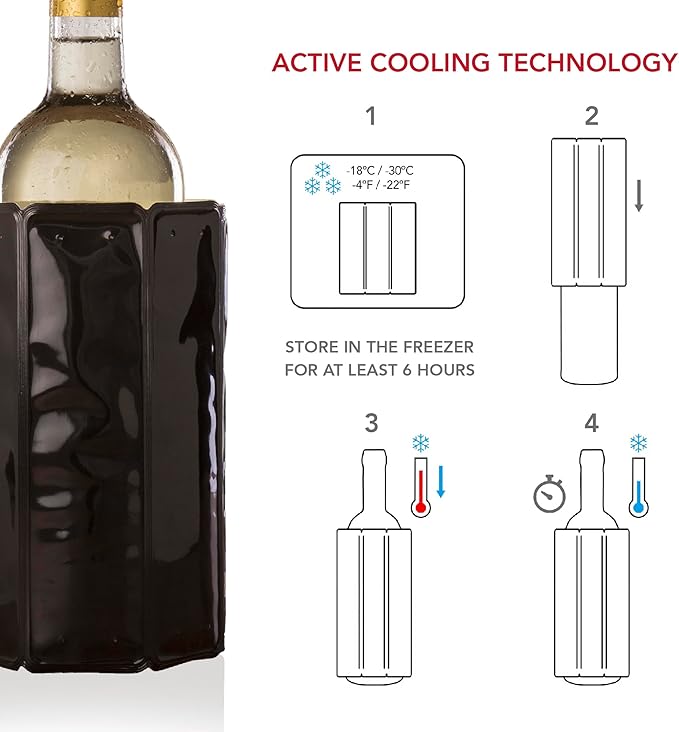 Vacu Vin Wine Cooler Sleeve – Flexible Rapid Wine Bottle Chiller – Reusable Ice Pack Sleeve – Elegant & Portable – Fits 750ml Bottles – Keeps Wine Cold in Minutes Fast, Elegant – Black