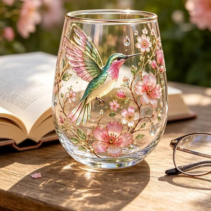 2026 Garden Hummingbird Morning Bliss Glass Tea Cup, Elegant Gold Rimmed Glassware with 14 Oz, Clear Cup for Loose Leaf, Nature Art Decorative Tumbler Gift for Women Mom Wife(Bee)