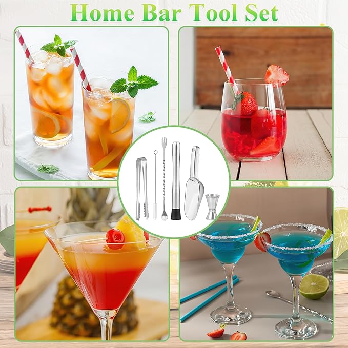 6Pcs Muddler for Cocktail Set - 304 Stainless Steel Muddler Cocktail Spoon Jigger Straw Cleaning Brush, Ice Scoop and Ice Tongs, Bar Accessories Tools for Mojitos, Lemonades, and Fruit Drinks
