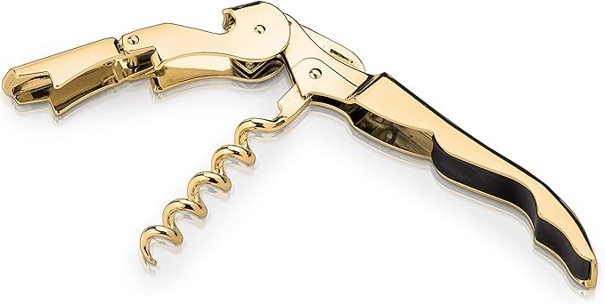 Viski 24k Gold Plated Signature Double Hinged Waiter's Corkscrew Wine Opener, Stainless Steel with Built-in Bottle Opener & Foil Cutter for Home Bar, Kitchen, Travel, Gifts for Wine Lovers, Set of 1