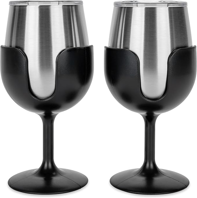 Camco Life is Better at The Campsite Wine Tumbler | Heavy Duty Double Wall Vacuum Insulation | Crafted of 18/8 Stainless Steel | Features Removable Black Stems | 2-Pk, 8-oz/Each (53485)