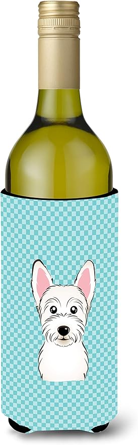 Caroline's Treasures BB1164LITERK Checkerboard Blue Westie Wine Bottle Hugger Bottle Cooler Sleeve Hugger Machine Washable Collapsible Insulator Beverage Insulated Holder