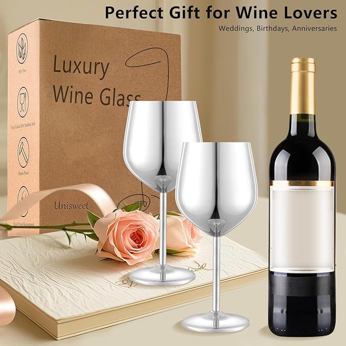 Stainless Steel Wine Glasses Set of 4 Unbreakable Wine Glass 18 oz Unique Metal Wine Goblets for Outdoor, Travel, Camping, Pool, Ideal Gift for Wine Lovers (Mirror-Silver)