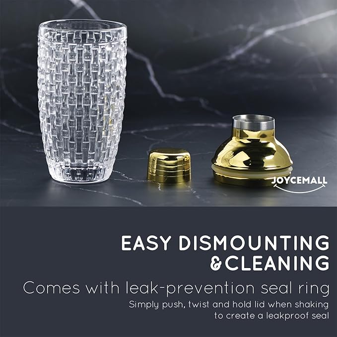13 oz Glass Cocktail Shaker - Leakproof Shaker Set with Metallic Steel Lid & Built - in Strainer, Professional Bar Mixing Set for Martini, Whiskey, Margarita and More Drinks - Gold