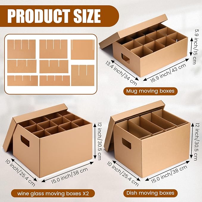 MotiMind 4 Pack Dish Wine Glass Mug Moving Boxes with Divider Kits Included 1 Dish and 2 Wine Glass 15 x 12 x 10 Inch, 1 Mug 17 x 13 x 6 Inch Kitchen Moving Boxes with Handle Packing Box for Glassware