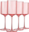 Square Pink Wine Glasses Set of 4 – 15oz Red or White Glasses on Long Stem, Hand Blown Ribbed Design Wine Glasses, Unique Vintage Style Drinking Glasses - For Mothers Day, Wedding, Anniversary