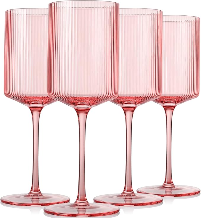 Square Pink Wine Glasses Set of 4 – 15oz Red or White Glasses on Long Stem, Hand Blown Ribbed Design Wine Glasses, Unique Vintage Style Drinking Glasses - For Mothers Day, Wedding, Anniversary