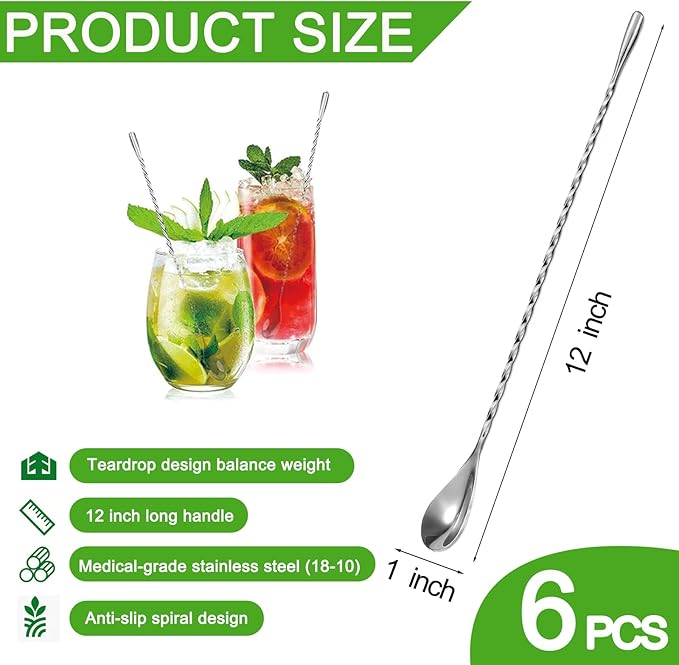 ABK 6PCS 12 Inch Bar Spoon，18/10 Stainless Steel Spiral Pattern Cocktail Stirrers Spoons ，Long Handle Cocktail Mixing Stirrers