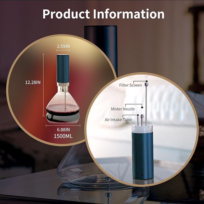 Fogland Electric Wine Decanter 1500ML(50oz), 3/5/10Min Fast Decant, Fine Mist Oxygen Infusion Wine Enhancer, Smart Touch Control, Frosted Aluminum Alloy（Silver）