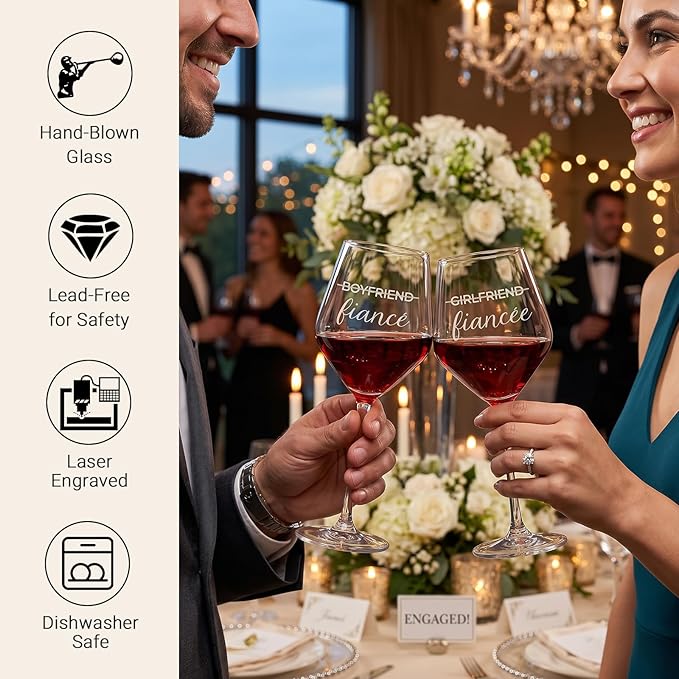 Engagement & Bridal Shower Gifts for Fiancé and Fiancée, Engraved Fiancé Fiancée Wine Glasses with 5-Piece Wine Accessory Kit (Fiance/Fiancee)
