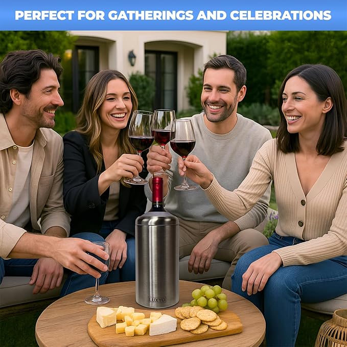 LUXYO Wine Bottle Chiller – Portable Insulated Champagne Cooler for 750ml Bottles, Stainless Steel Double Wall Bucket for Hosting, Gifts & Outdoor Use