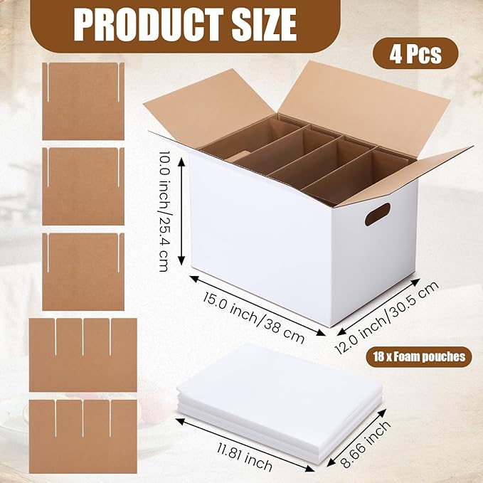 MotiMind 4 Sets Dish Moving Boxes with Divider Kits 15 x 12 x 10 Inches Dish Packing Box Kitchen Moving Boxes with 18 Foam Pouches for Dishes China Packing Supplies