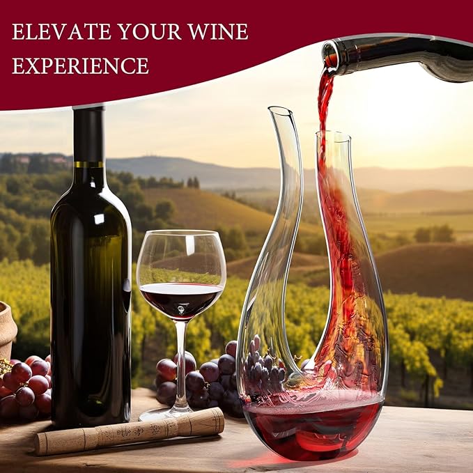 Hand-Blown Lead-Free Crystal Glass Wine Decanter – 750 ml Swan-Neck U-Shape Aerator | Fathers Day Gift, Drip-Free Pour Edge, Wide Stable Base, Easy-Clean Thin Neck | Elevate Dinners & Parties