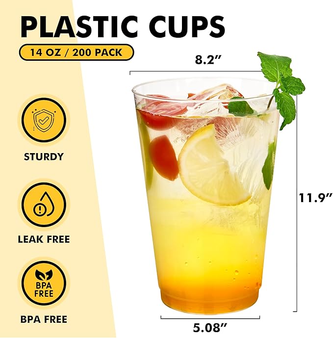 RACETOP 14oz Clear Plastic Cups, 200 Pack Disposable Party Cup, Heavy Duty Disposable Glasses, Disposable Cups for Party, Thanksgiving, Wine Taesting, Birthday and Christmas.
