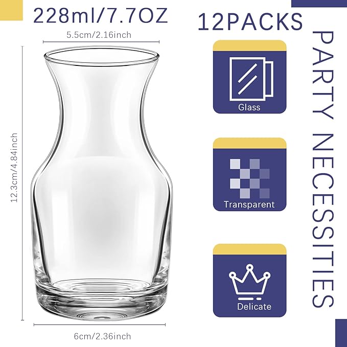 Remagr 12 Pack Single Serving Wine Carafe Glass Small Mini Carafe Individual Wine Refill Decanter for Dinner Parties Tastings Bars Restaurants (7.7 oz)