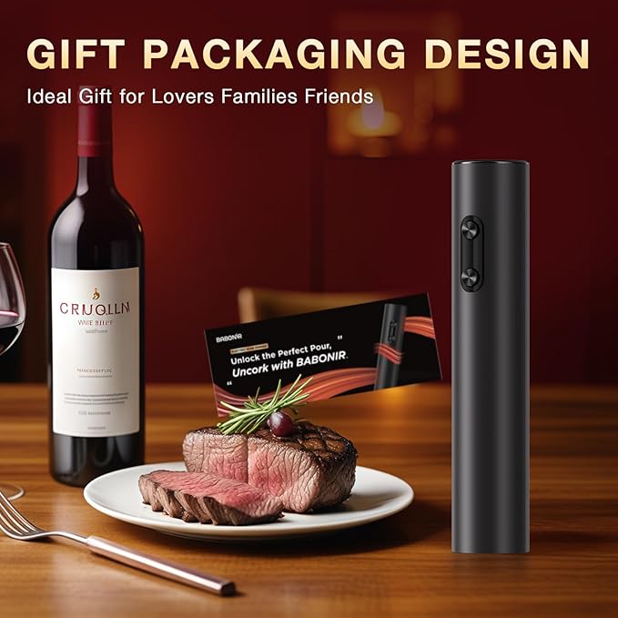 Electric Wine Opener, BABONIR Automatic Corkscrew with Foil Cutter, One-Button Operation for Effortless Cork Removal, Perfect Wine Gift for Wine Lovers, Thanksgiving, Christmas, Party & Home
