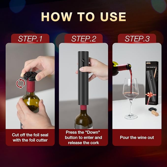 Electric Wine Opener, BABONIR Automatic Corkscrew with Foil Cutter, One-Button Operation for Effortless Cork Removal, Perfect Wine Gift for Wine Lovers, Thanksgiving, Christmas, Party & Home