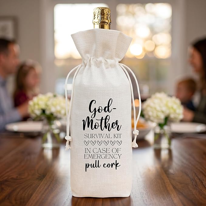 Funny Godmother Survival Kit Wine Bag, Linen Drawstring Wine Bottle Gift Bag, Reusable Wine Pouch for Godmother Proposal Baptism Birthday Mother's Day, 13 x 5.7 Inch - A02