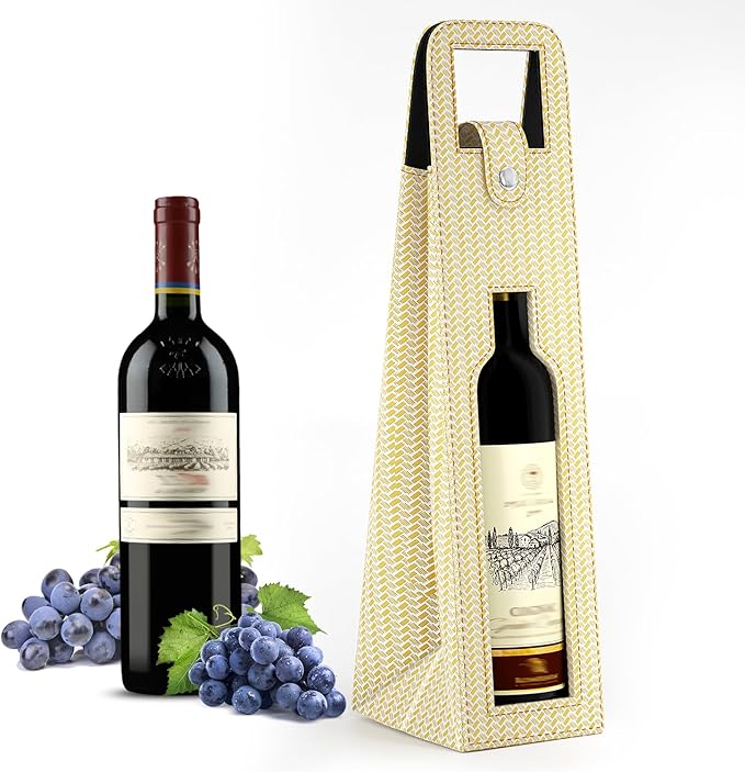 RYDDOY Wine Gift Bag, Reusable Leather Wine Tote Carrier, Single Bottle Champagne Beer Gift Bags Carrier for Birthday, Wedding, Picnic Party, Christmas festival Gifts (Beige)