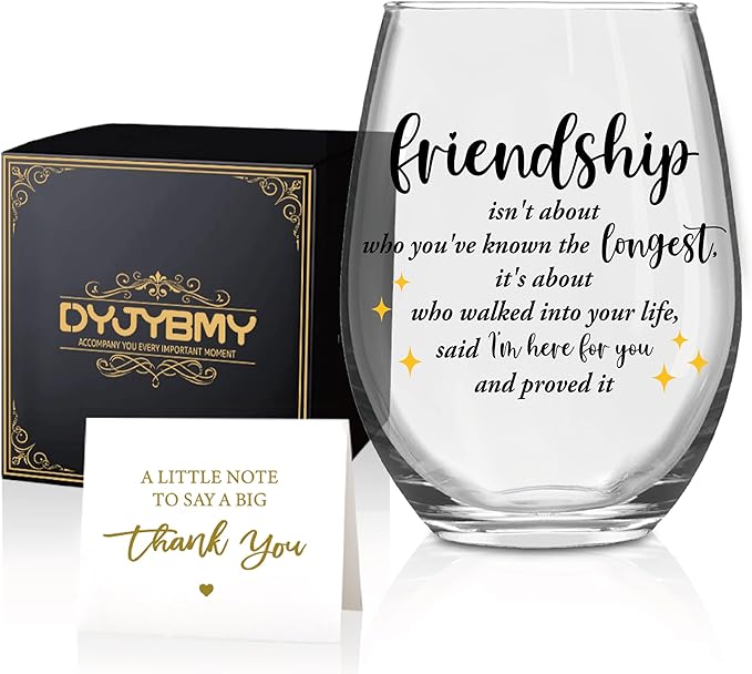 DYJYBMY Friendship Isn't About Who You've Known The Longest Stemless Wine Glass With Gifts Box, Friendship Wine Tumbler, Housewarming Parting Gifts For Long Distance Friend Confidant Bestie