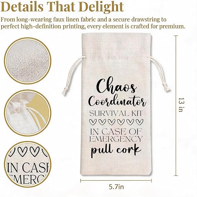 Funny Chaos Coordinator Survival Kit Wine Bag, Linen Drawstring Wine Bottle Gift Bag, Reusable Wine Pouch for Mom Teacher Boss Office Staff, 13 x 5.7 Inch - A12