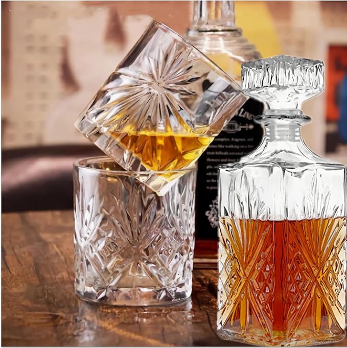 Whiskey Decanter Set,800ML Elegant Liquor Carafe with Ornate Glass Stopper and 2 Matching Whisky Tumblers–Whisky,Scotch, Liquor, Wine, Bourbon, Gin, Rum, Tequila, Vodka and Brandy (Blossom Style)