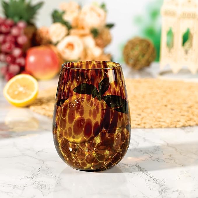 Joseph Sedgh Collection Tortoise Shell Stemless Wine & Water Glass Set of 4 – 16.91 oz Borosilicate Tumblers – Durable, Lead-Free, Dishwasher Safe – Gift Box Packaged