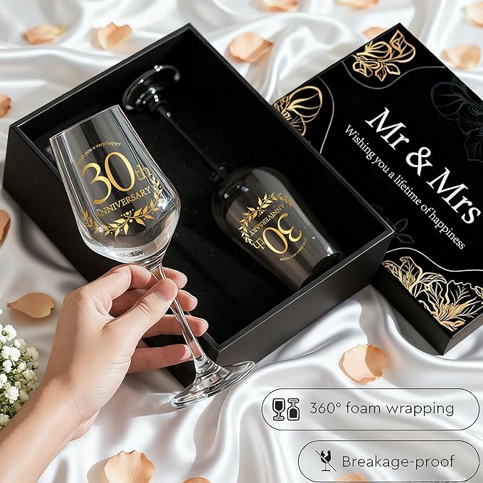 30 Years Anniversary Wine Glass Gift Set of 2 Happy 30th Anniversary Package with 2 Wine Glasses, Wine Bag, and Greeting Card Gifts for Couple Husband and Wife
