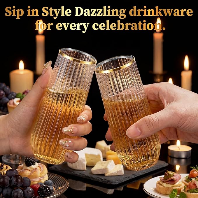 GuanQiao 12 Pack Stemless Plastic Champagne Flutes with Gold Rim, 9oz Ribbed Disposable Champagne Glasses, Heavy Duty Shatterproof Mimosa Glasses for Wine Wedding Bridal Shower Party Supplies Birthday
