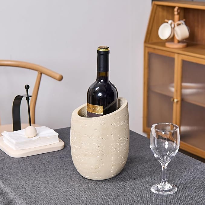 Natural Travertine Textures Wine Chiller Bucket – 750ml Resin Cooler for Wine & Champagne Bottles, Party Bar Cart Decor – Keeps Drinks Cold, Unique Gift for Wine Lovers, Housewarming (Beige)