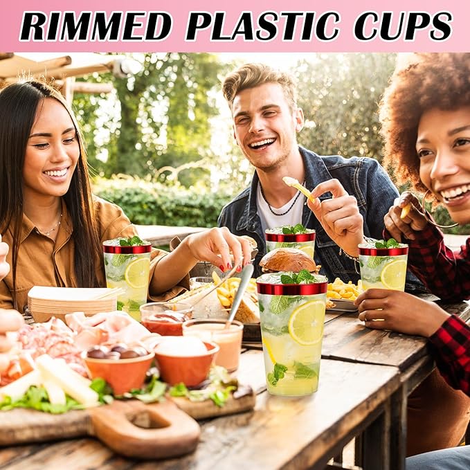100 Pcs Red Plastic Cups,12 oz Red Rimmed Plastic Cup,Disposable Wine Glasses,Elegant Cocktail Drinking Cup, Clear Party Cups for Wedding Birthday Family Gatherings Holiday